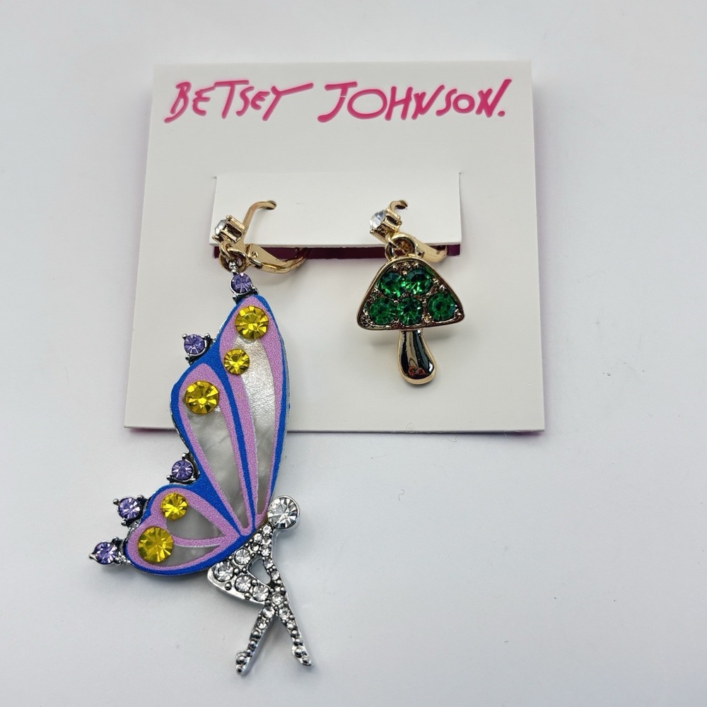 Betsey Johnson Mismatched Dangle Earrings Enchanted Fairy Mushroom Rhinstones